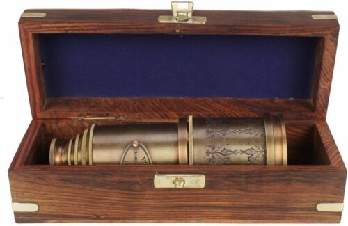 BRASS ANTIQUE VINTAGE 20"VICTORIAN MARINE TELESCOPE Wooden Box SPYGLASS NEW GIFT - Afbeelding 1 van 9