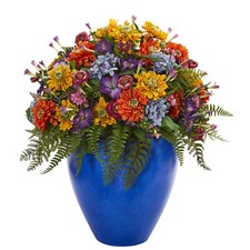 Arreglo Artificial Floral Mixto Gigante en Jarrón Azul 24"H