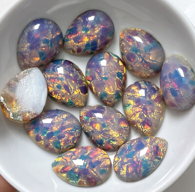 8 Vintage Golden Pink Multi Opal Art Glass Cabochons 18x13 Czech Jewelry C4-40-B
