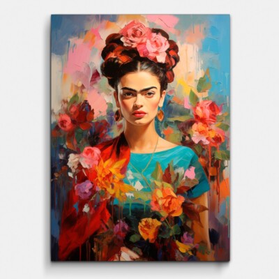 Wandbilder Frida Kahlo Stil Leinwandbild Frau mit Blumen Hochwertig Made in DE