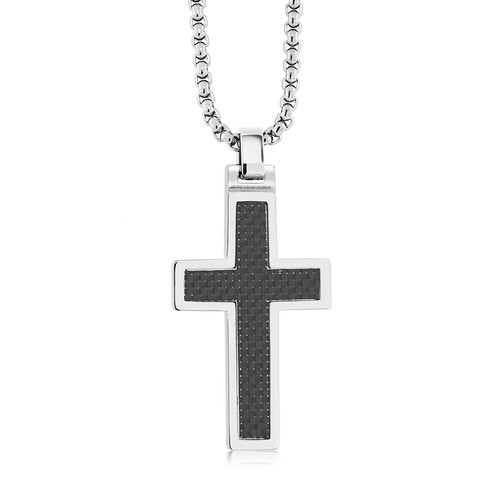 Cross Pendant Black Carbon Fiber Inlay Tungsten Carbide Religious Cross