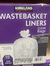 Kirkland Signature 10 Gallon Wastebasket Liners, 500 Bags, Clear .34 Mil