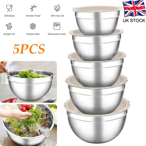 5Pcs Stainless Steel Mixing Bowl Nesting Food Prep Air Light Lids Cooking Baking