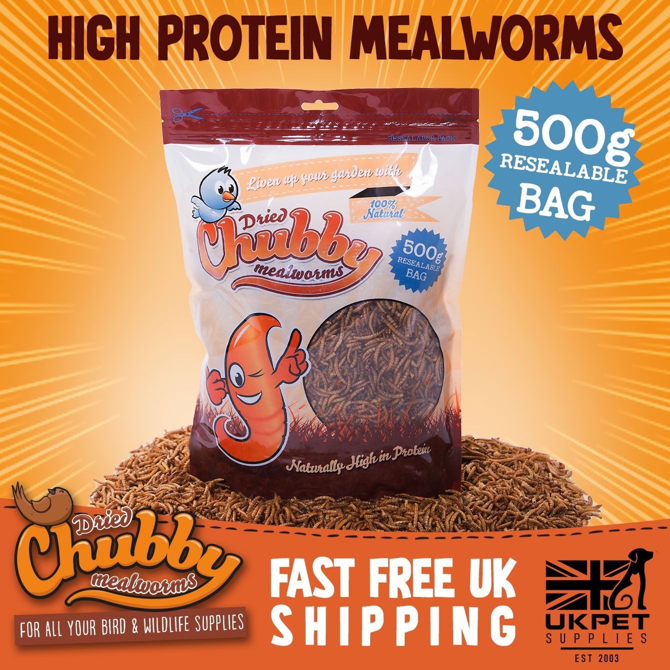 Chubby Dried Mealworms for Birds 500g High Protein Wild Bird Food Garden Feed