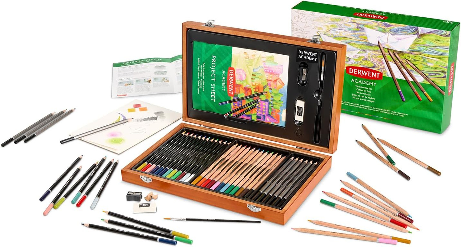Derwent Academy Wooden Gift Box Complete Starter 35 Piece Art Set - Painting, Dr