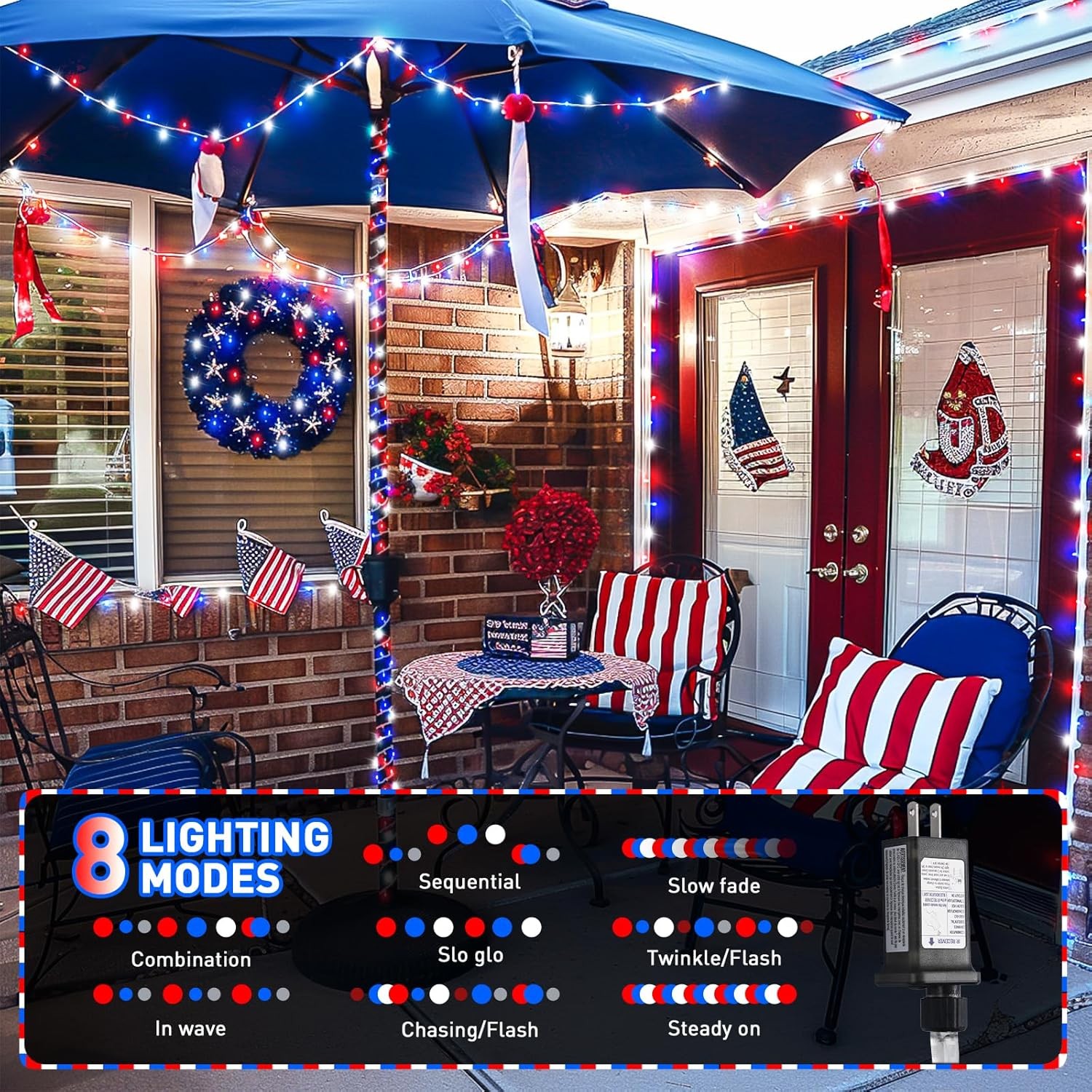 JMEXSUSS Red White and Blue Lights Clear Wire, 66 Ft 200 LED 4th of July Decorat