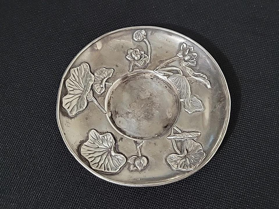 Plato posavasos japonés antiguo de plata de ley flores florales Foto 3 de 4