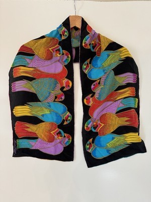 Vintage Laurel Burch 100% Silk Scarf tropical birds bright color 10x52 inches