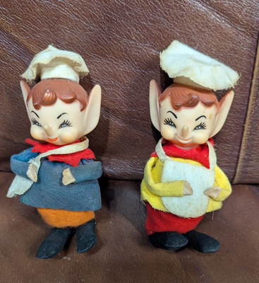 Vintage MCM Pair Chef Pixie Rubber Face Pointy Ears 5'' Tall Elf Elves