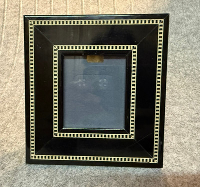 Vintage EXPOSURES Photo Frame Inlaid Wood Marquetry Black Laquered 4 ¾  x 5 ¼ 