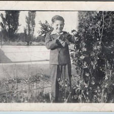 1946 Norman Moore Grandson Cute Boy Suit Snapshot Photo Pool Garden Plants Vtg