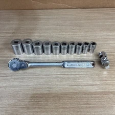 Vintage Indestro Select 1/2" Drive 12pc SAE Socket Set 6470 Ratchet Made in USA