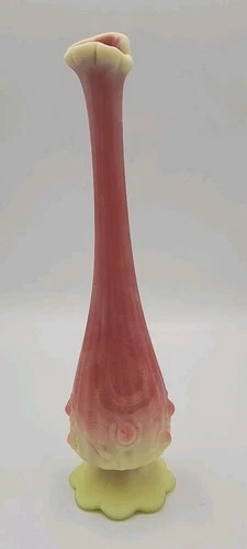 Fenton RARE Satin Burmese Uranium Cabbage Rose Bud Swung Vase 10 1/4" T