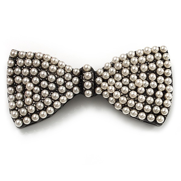 Vintage Imitation Pearl Bow Brooch (Gun Metal)