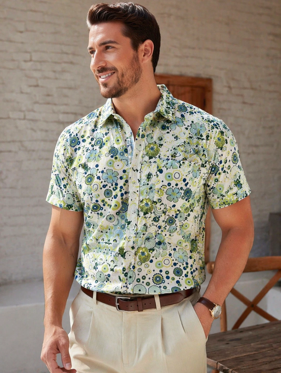 Tasso Elba Silk Linen Shirt Men L Floral Short Sleeve Button Up