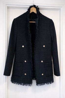 Marks & Spencer Marine Tweed ausgefranste Kante Blazer Jacke Silber Knöpfe UK 8