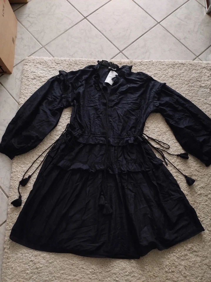 C&A Prémium Minikleid Baumwollkeid Puffärmel Stickerei Bindegürtel Schwarz M - Bild 4 von 4