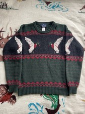 Vintage 90s Woolrich Sweater Men's M Green Ducks Wool Hunting Western Crewneck