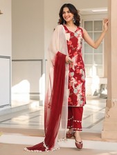 Women's Pure Cotton Maroon Printed Kurta Trousers With Dupatta Set Ready to Wear