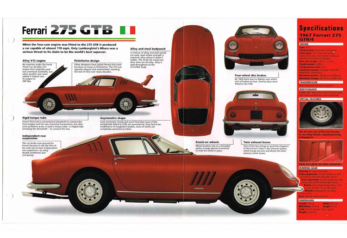 Ferrari GTB カタログ FERRARI 275 GTB SPEC SHEET/Brochure/Catalog:1967,1968, | eBay