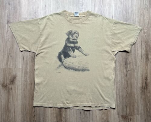 Rottweiler Puppy Portrait Vintage Funny Dog Breed Artwork Brown T-Shirt XL