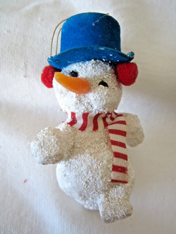 VTG RUNNING SNOWMAN Glitter Coated Plastic Xmas Ornament Blue Hat Carrot Nose