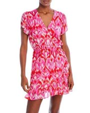 AQUA Dress Womens XS Pink Pullover Faux Wrap Mini Elastic Waist VNeck Ikat
