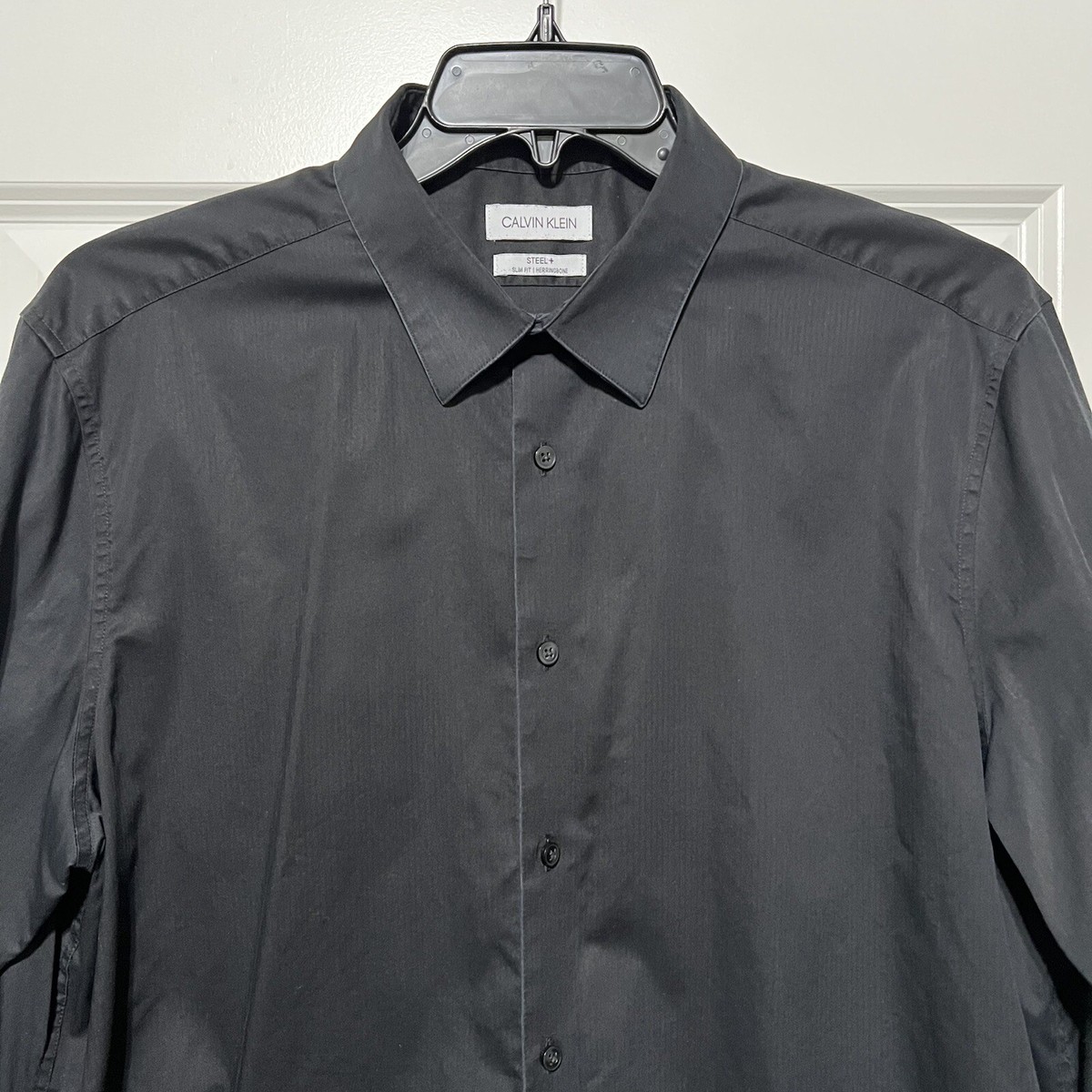 steel slim fit solid herringbone dress shirt Calvin Klein Steel+ Slim Fit Herringbone Button Down Dress Shirt 17.5