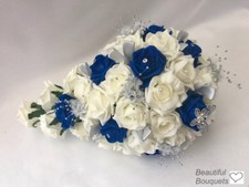 Wedding Flowers Ivory Rose Royal blue bouquet Bride, Bridesmaid Flower-Girl Wand