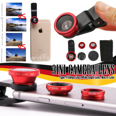 3in1 Handy Objektiv Set Smartphone Effekt Linsen Fisheye Weitwinkel Makro Kamera