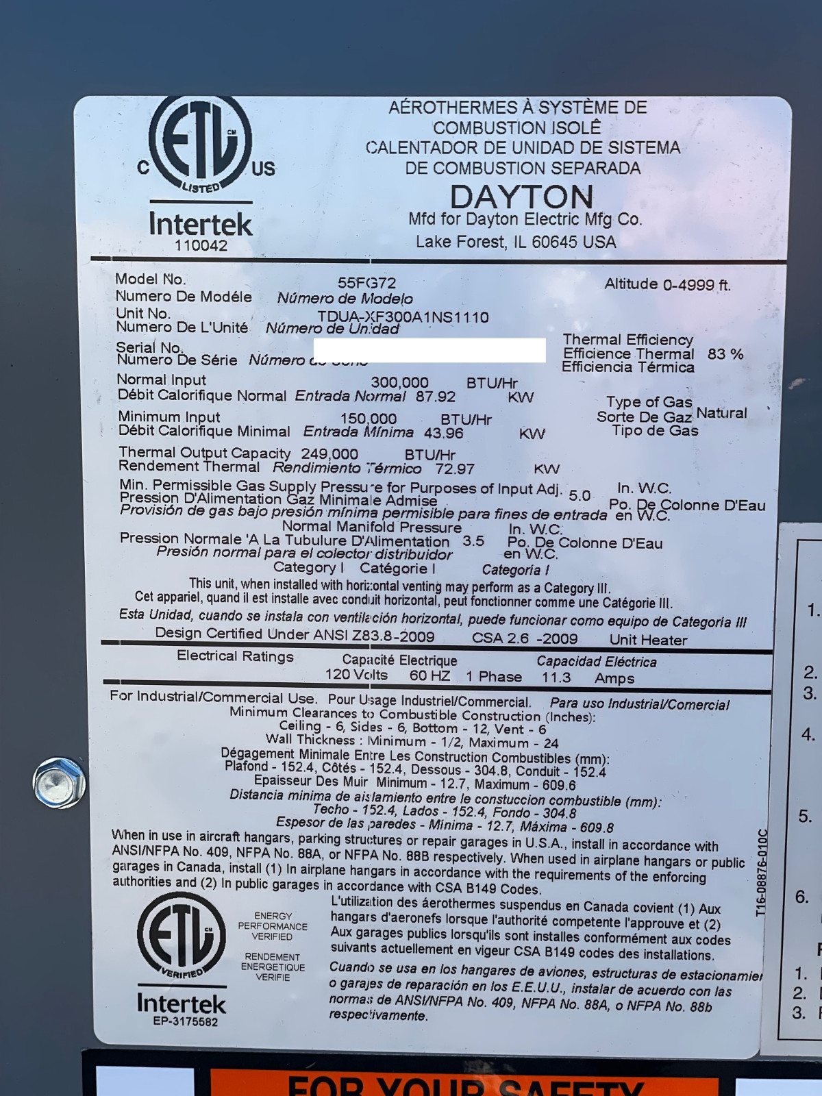 Dayton 55FG72 Commercial Gas Fired Wall Ceiling Shop Warehouse Heater 300k BTU