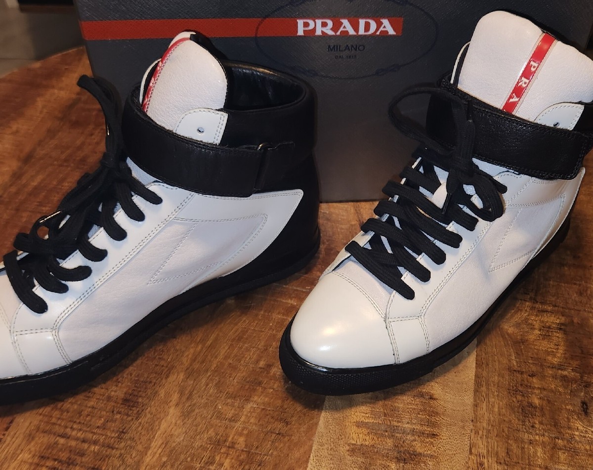 Prada Mens Bianco + Nero White Leather High Top Sneakers SIZE 37