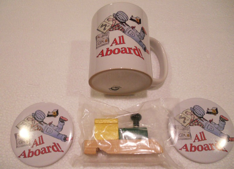 All Aboard (with reading) Mug, Button, and Steam Engine Whistle (gift / toy set)