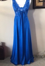 Vintage Stardust Sweep Cobalt Blue Lace Maxi Long Nightgown Slip Dress Lingerie