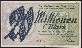 Germany Wetzlar 20 Million Mark 1923 Old Emergency Paper Money Banknote XF