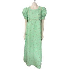 Vintage HANDMADE 60s 70s Puff Sleeve Floral Prairie Dress in Mint Green WOMENS 8