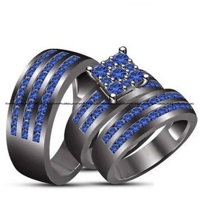 4Ct Blue Sapphire His & Her Wedding Band Trio Ring Set 14k Black Gold Plated
