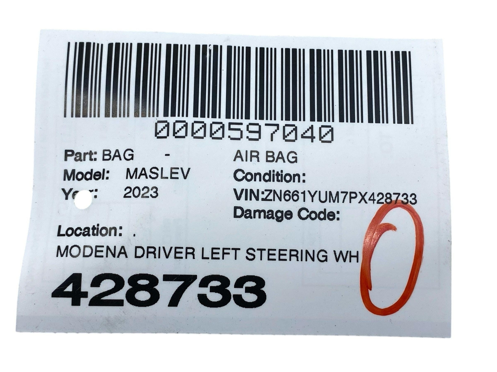 2017-2024 MASERATI LEVANTE MODENA LEFT DRIVER STEERING WHEEL SRS AIRBAG BLACK