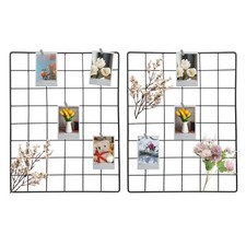 2Pcs Wire Wall Grid Panel, 16" x 12" Metal Photo Display Grid with Hook, Black