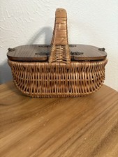 Vintage Woven Wicker Basket Purse with Hinged Wood Lid Ornate Metal Hardware