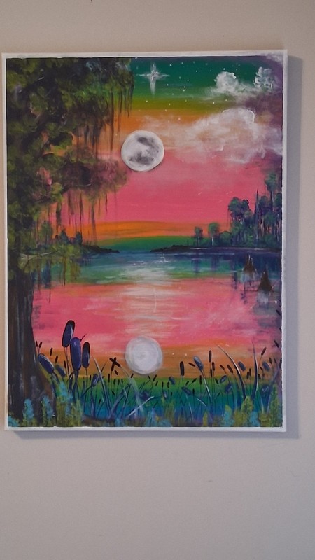 Landscape Lake Moon Painting on Canvas Board, Contemporary Handpainte Unframed