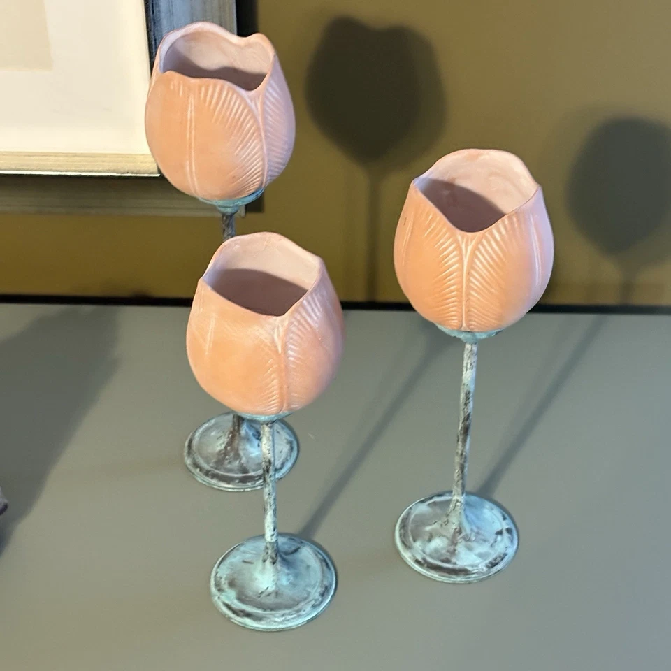 Candelabro votivo de tulipán terracota italiano toscano soporte de metal Verdigris 3 piezas Foto 4 de 4