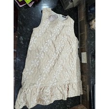 Emery Rose Beige Floral Jacquard Sleeveless Ruffle Hem Mini Dress Large NWT