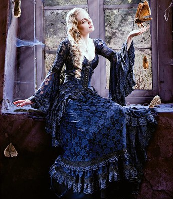 victorian dresses black Black Victorian Premium Lace Overlay Penny Dreadful Vanessa Ives Dress Gothic Wedding Gown (Size: XL)
