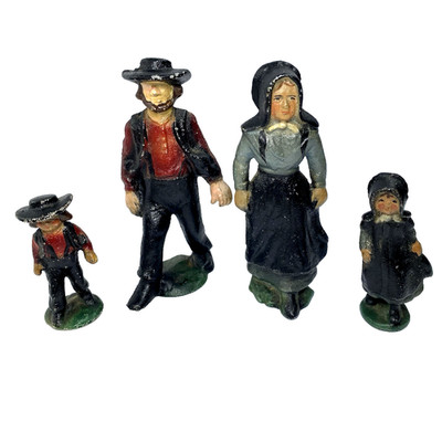 4 Vintage Hand Painted Cast Iron Dutch Amish Mennonite Farmer Family Figurines