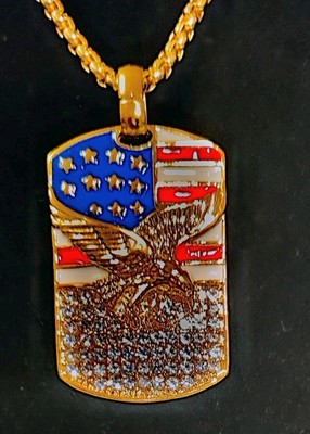 American Flag USA Eagle Gold Tone Iced Red/White/Blue Pendant Necklace Dog Tag
