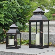 Lanterns Decorative Outdoor&Indoor, Set of 2 Large Bronze Metal Lantern Decor...