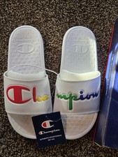 New CHAMPION Super Slide Split Script Size 7 White Rainbow Slide Women's Sandals
