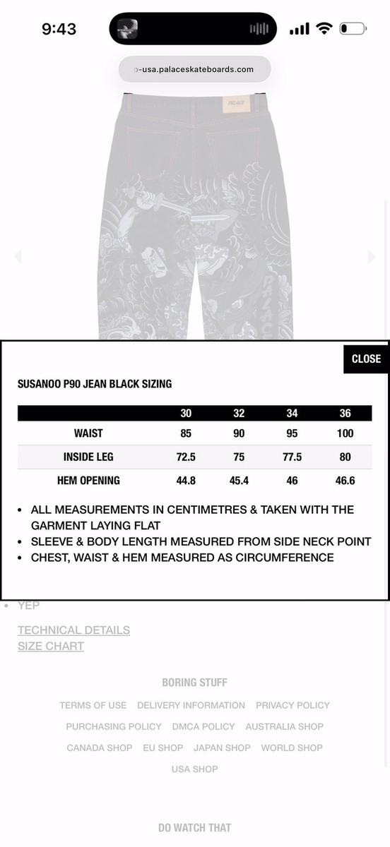 Palace Susanoo Black Denim P90 Jean Size 34 Brand New Fw25 Baggy