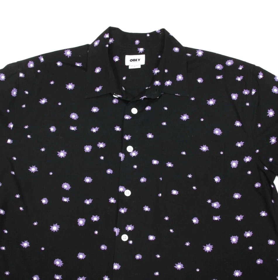 OBEY Mens Black Purple Floral Short Sleeve Organic Cotton Button Shirt sz L /964 - Image 2 of 4